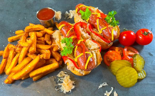 Vienna Beef Frankfurters with chips and decoration