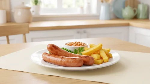 Bacon Frankfurters served with chips, peas and baked beans on a white plate