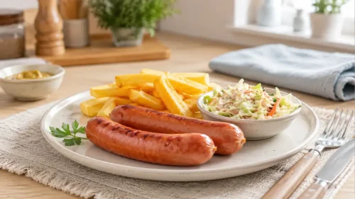 Two grilled Cheese Frankfurters served with thick chips, creamy coleslaw and mustard in a bright home kitchen