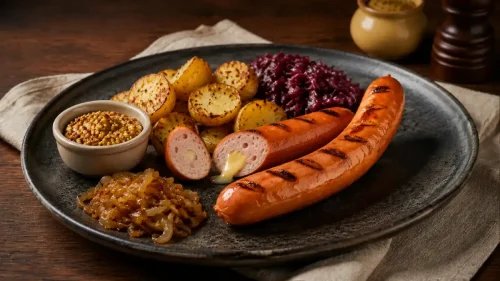 Two Cheese Frankfurters with fried potatoes and red cabbage, one cut open to reveal melted Emmental