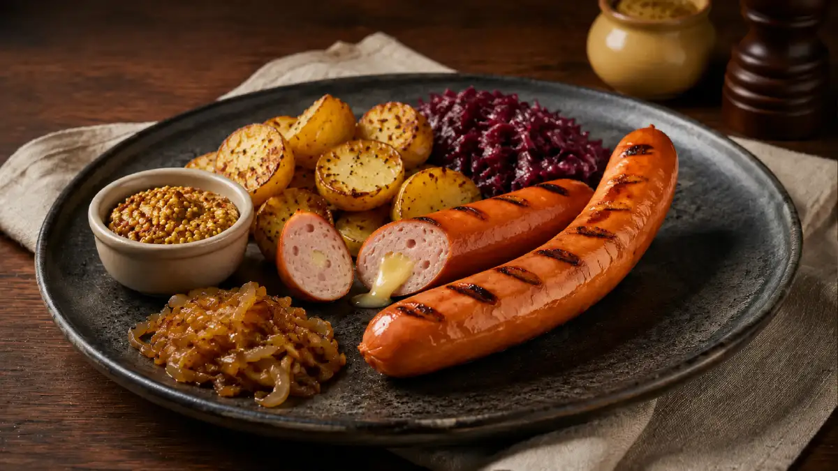 Two Cheese Frankfurters with fried potatoes and red cabbage, one cut open to reveal melted Emmental