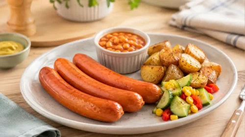Three Chilli Beef Frankfurters served with roasted potatoes, baked beans and cucumber sweetcorn salad