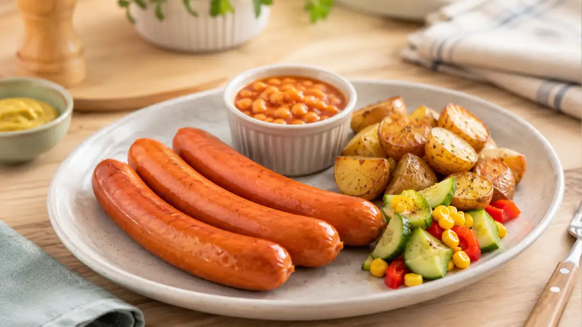 Three Chilli Beef Frankfurters served with roasted potatoes, baked beans and cucumber sweetcorn salad