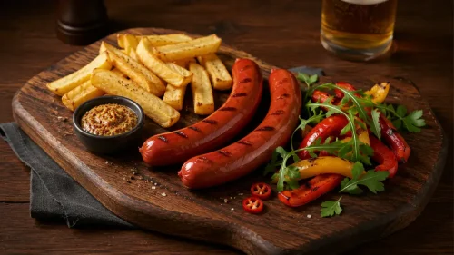 Grilled Chilli Beef Frankfurters served with thick-cut chips, chargrilled peppers and chilli mustard