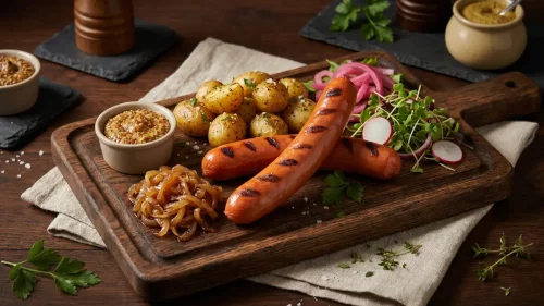 Fresh Bacon Frankfurters served with roasted potatoes, mustard, caramelised onions and salad