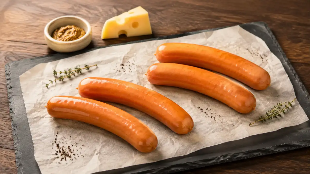 Four fresh Cheese Frankfurters on butcher paper with Emmental and German mustard