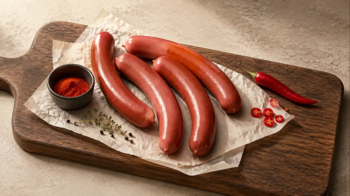 Four fresh Chilli Beef Frankfurters arranged on a smoked-oak serving board