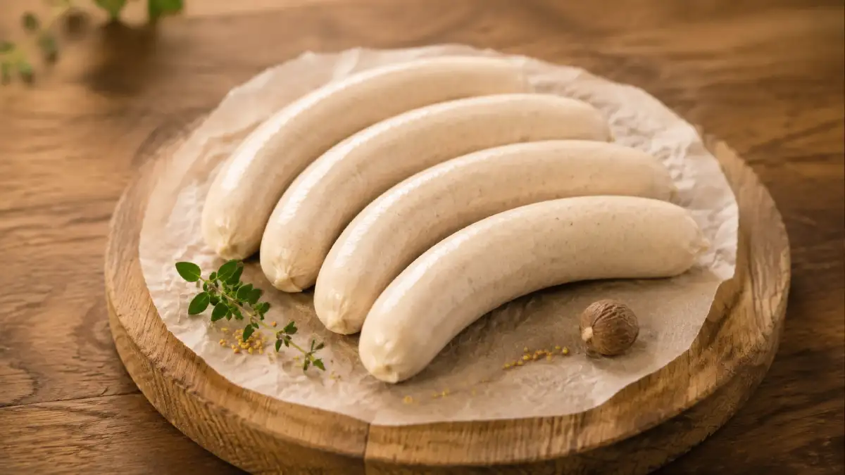 Four fresh Pork Bratwursts arranged on parchment over a round oak butcher block