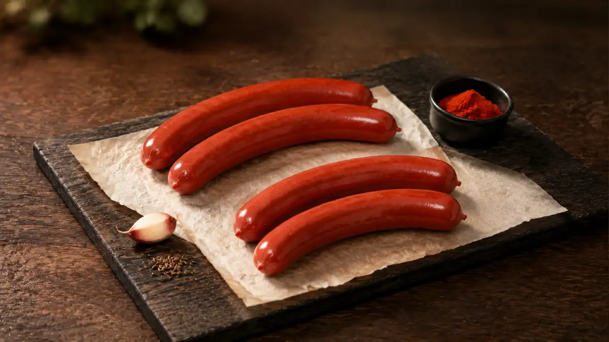 Four fresh Vienna Beef Frankfurters arranged on parchment over a blackened-oak board
