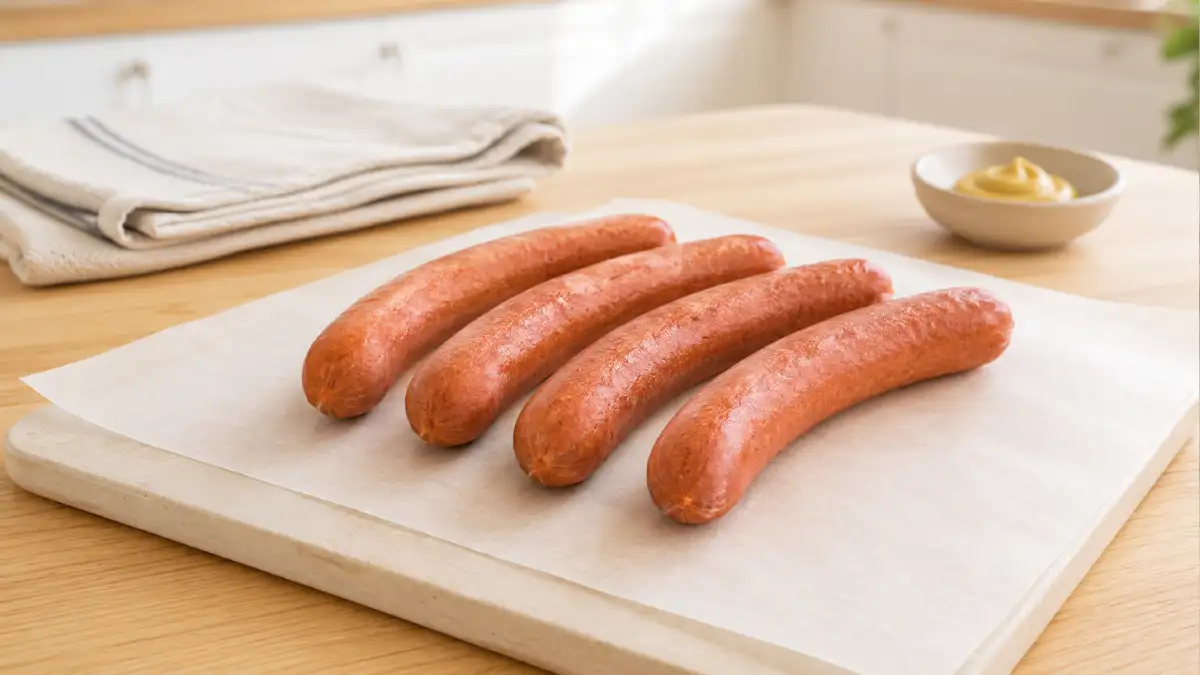 Four frozen Chilli Beef Frankfurters arranged on parchment paper in a bright home kitchen setting
