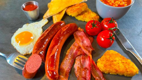 Vienna Beef Frankfurter in a full english breakfast