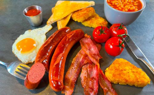 Vienna Beef Frankfurter in a full english breakfast