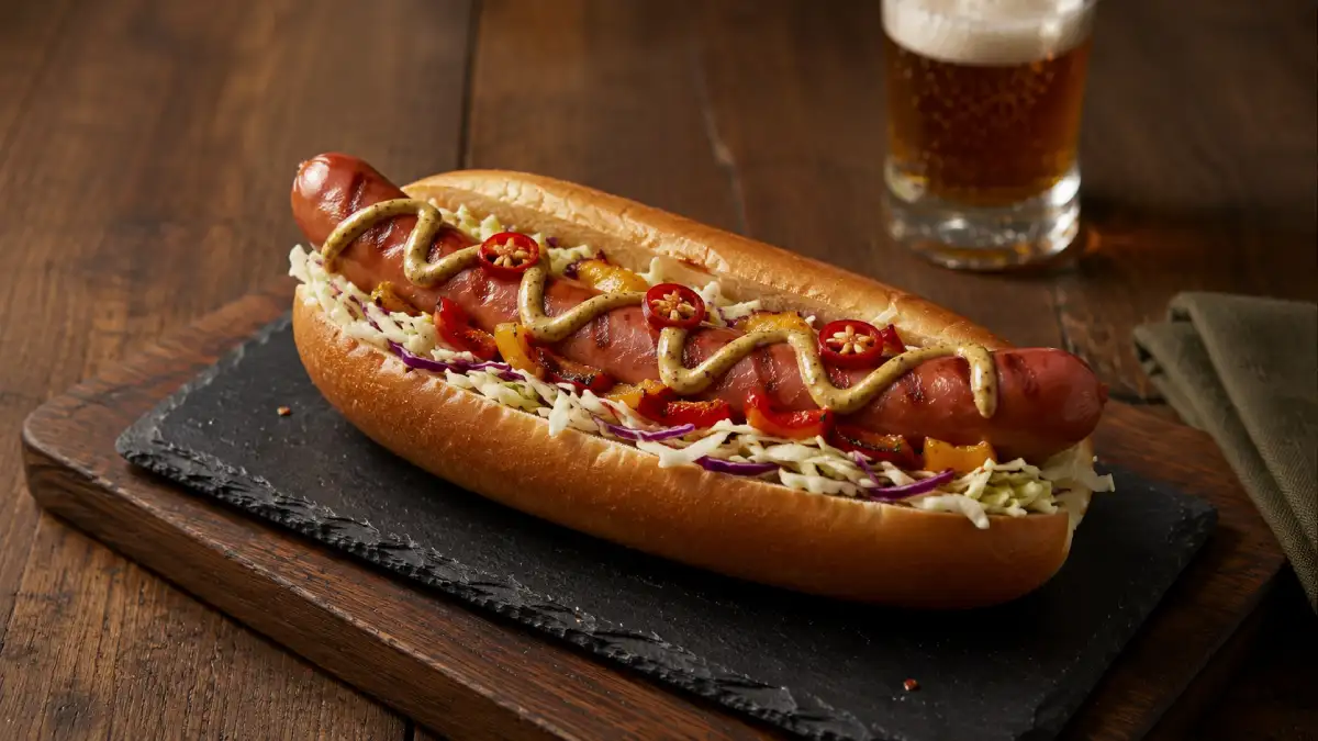 Loaded Chilli Beef Frankfurter hotdog with cabbage slaw, roasted peppers, chilli and smoky mustard