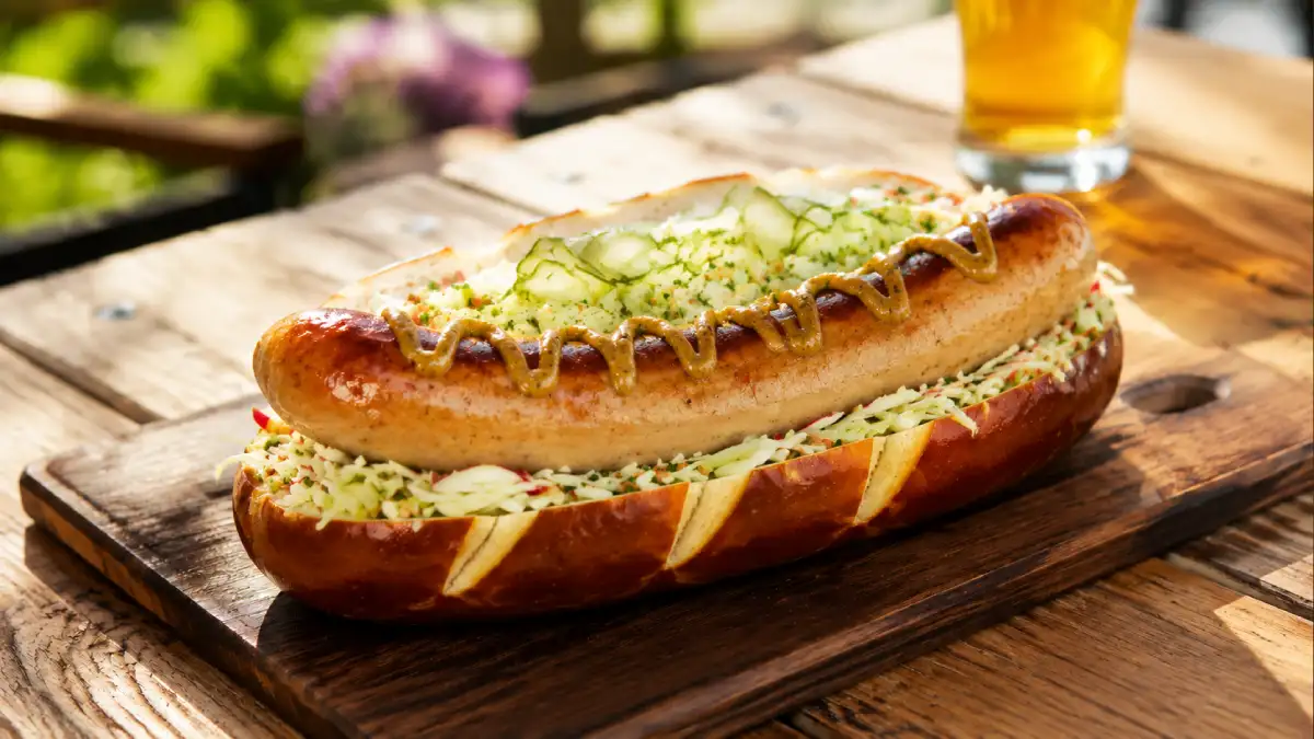 Pork Bratwurst hotdog in a pretzel roll with apple slaw, gherkin ribbons and sweet mustard