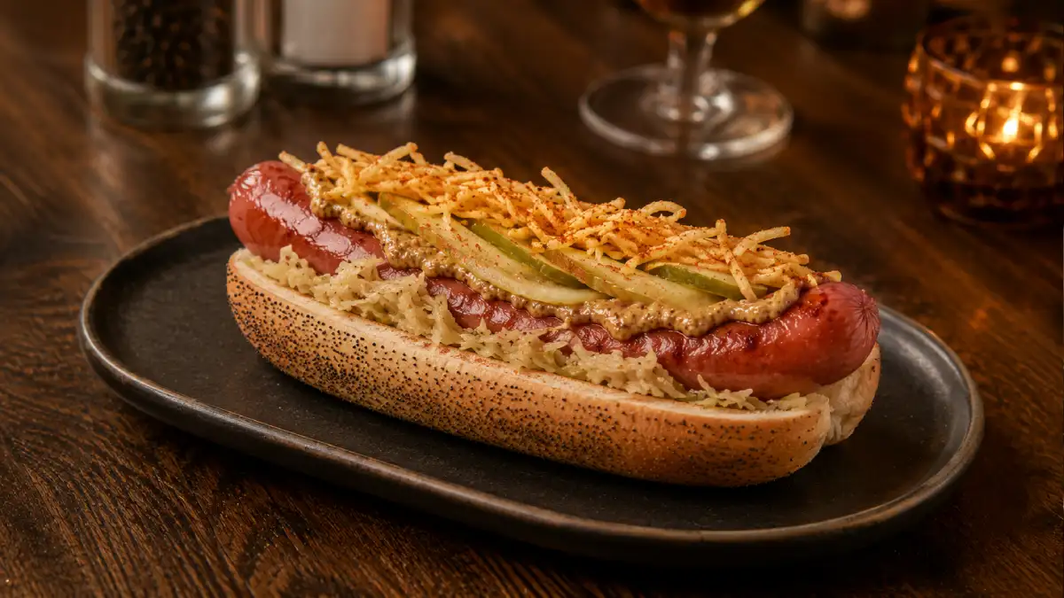 Vienna Beef Frankfurter hotdog with sauerkraut, dill pickles, mustard and crispy potato strings