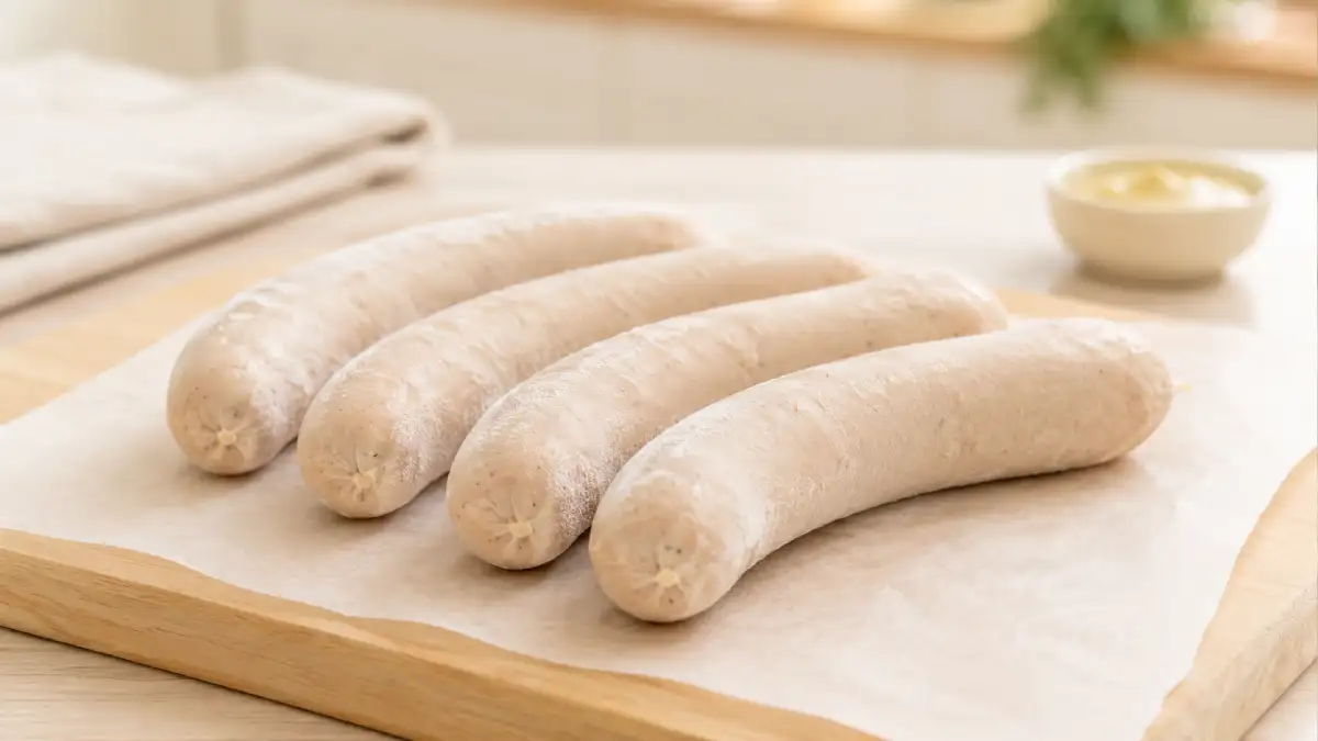 Four frozen pork bratwursts arranged on parchment paper in a bright home kitchen