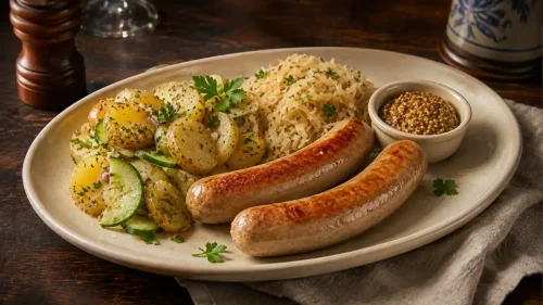 Grilled Pork Bratwursts served with German potato salad, sauerkraut and Bavarian mustard