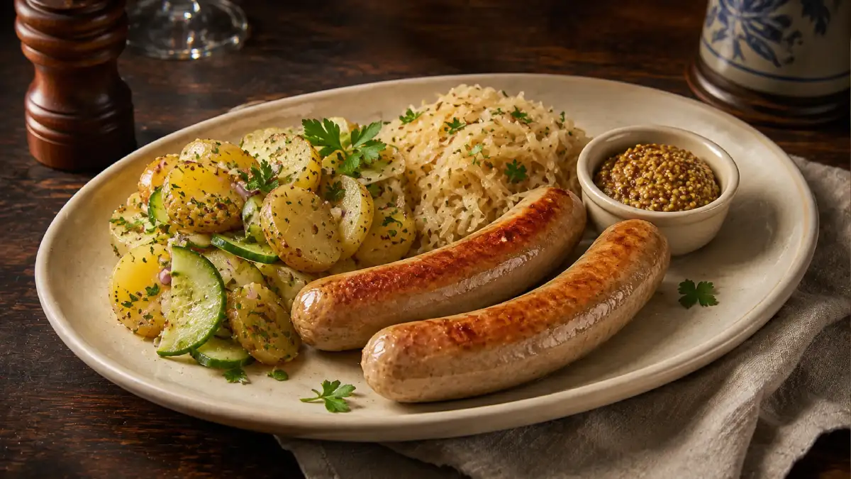 Grilled Pork Bratwursts served with German potato salad, sauerkraut and Bavarian mustard