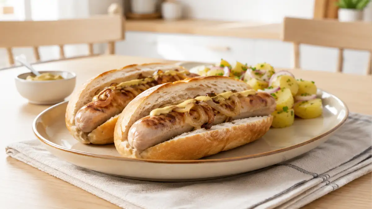 Two cooked pork bratwursts in rolls with caramelised onions, mustard and German-style potato salad