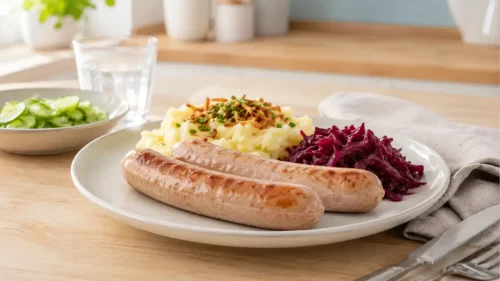 Two cooked pork bratwursts served with mashed potatoes, crispy onions and red cabbage in a bright home kitchen