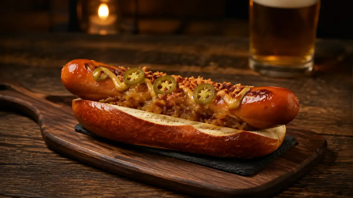 Cheese Frankfurter hotdog with jalapeños, caramelised onions and German mustard