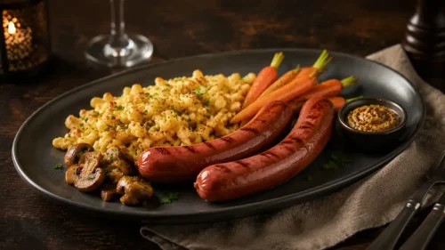 Grilled Vienna Beef Frankfurters served with Spätzle, garlic mushrooms, glazed carrots and peppercorn mustard