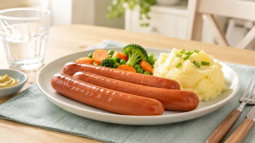 Three cooked Vienna beef frankfurters served with mashed potatoes, broccoli, carrots and peas