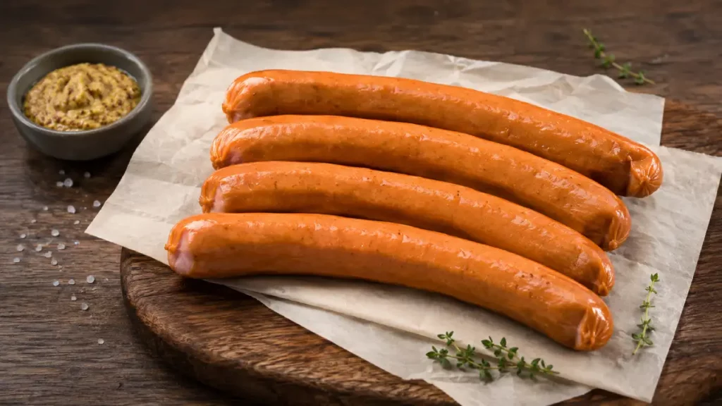 Raw Bacon Frankfurters on butcher paper with German mustard and herbs