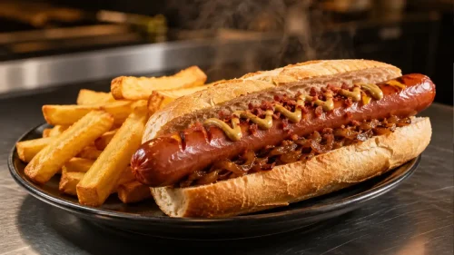 Grilled 150g smoked beef hotdog in a ciabatta roll with German mustard, caramelised onions, bacon crumb and thick chips