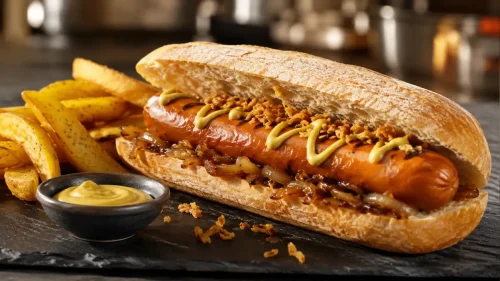 Grilled cheese frankfurter served in a ciabatta roll with German mustard, caramelised onions and golden chips