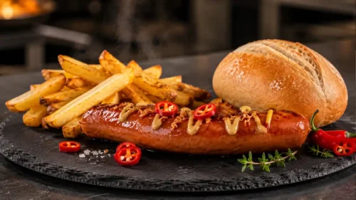 Cooked Chilli Beef Frankfurter with German mustard, red chilli slices, chips and a crusty roll
