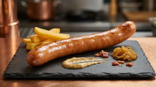 Grilled Bacon Frankfurter on a slate board with chips, mustard, bacon and caramelised onions