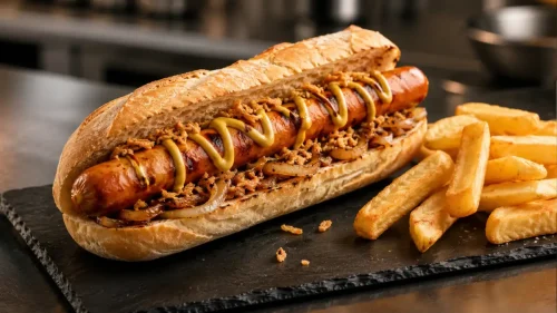 Cooked pork hotdog in a ciabatta-style roll with German mustard, caramelised onions, crispy topping and thick-cut chips.