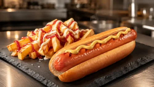 Cooked Vienna beef frankfurter in a bun on a slate plate with chips drizzled with ketchup and mayonnaise