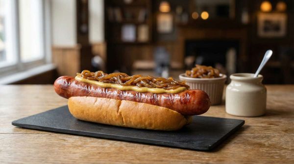 Sausage Haus Bacon Frankfurter in a bun with mustard and caramelised onions on a slate board in a UK pub setting.