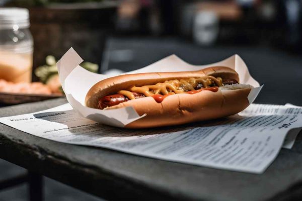 Authentic German frankfurter served in a bun with mustard and ketchup on a paper tray