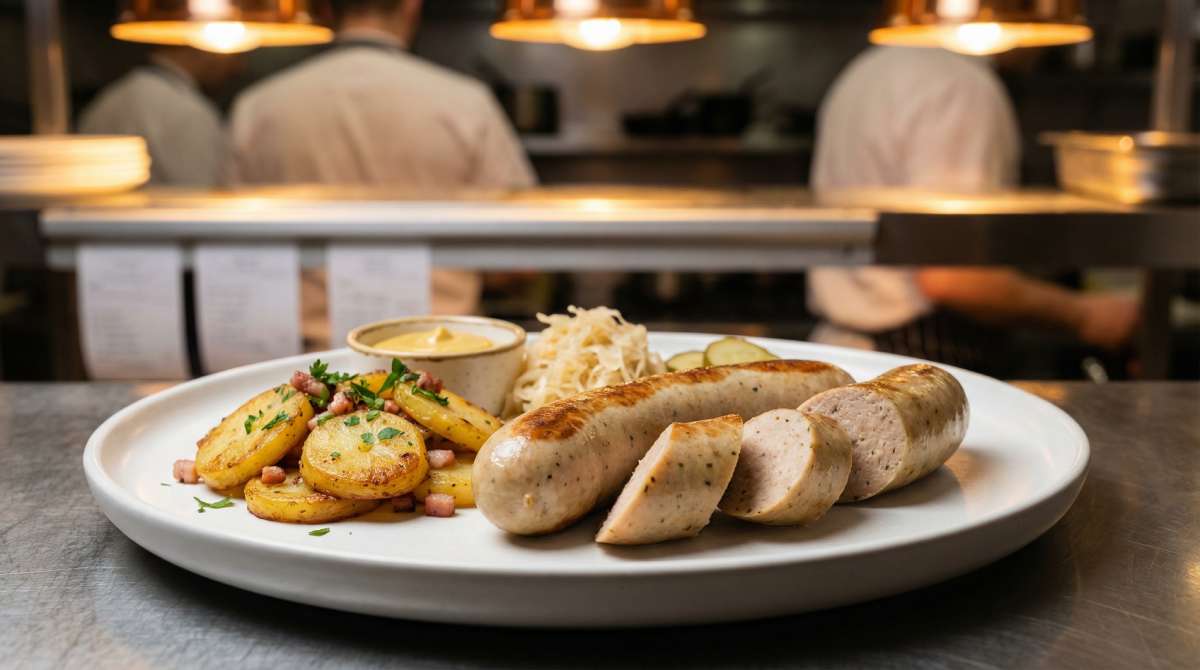 Bratwurst served on a white plate with sliced pork bratwurst, Bratkartoffeln with bacon, sauerkraut and German mustard under warm kitchen heat lamps