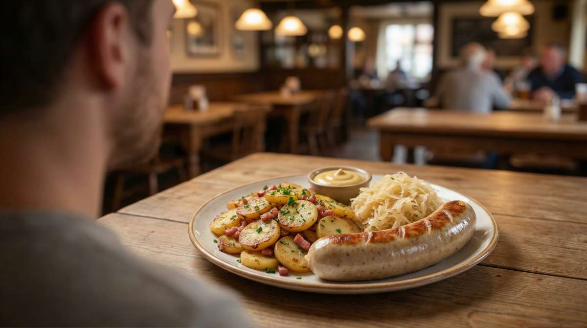 Bratwurst served with Bratkartoffeln, sauerkraut and mustard on a pub table, photographed over the customer’s shoulder