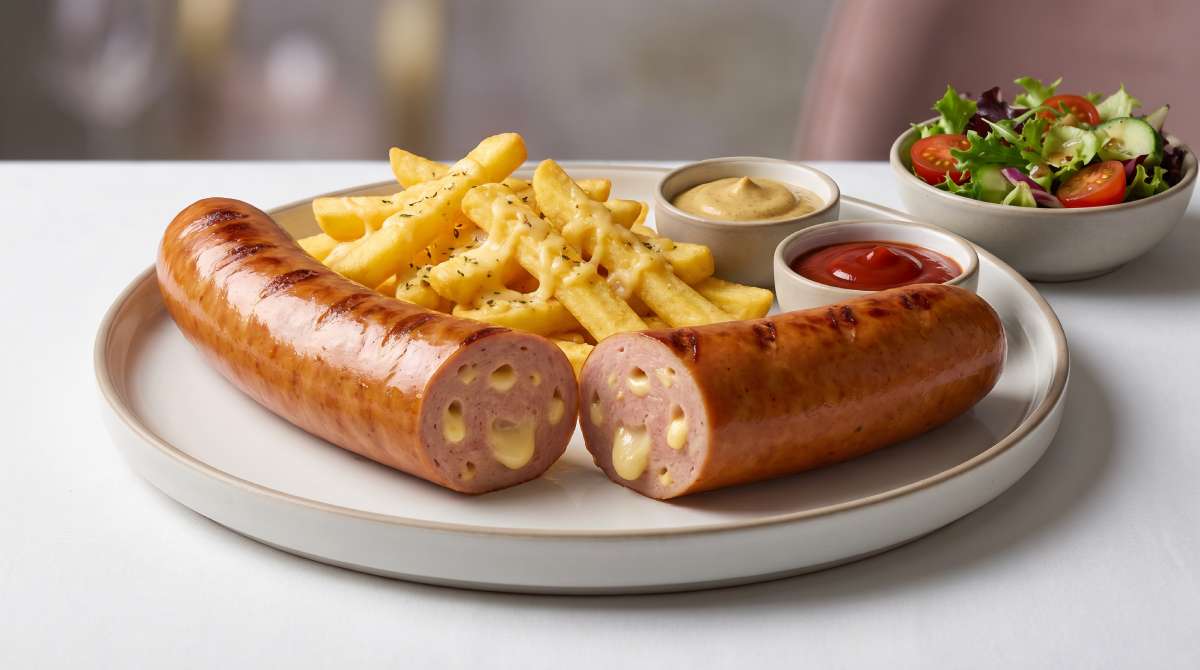 Large cheese frankfurter cut in half on a plate with cheesy chips, German mustard, ketchup and side salad