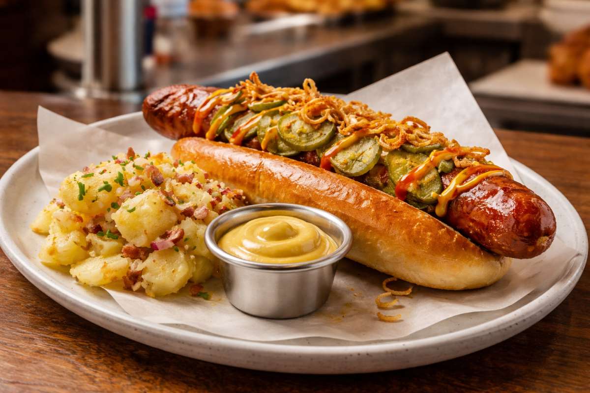 Chilli beef frankfurter on a plate in a pub pass with Swabian potato salad and a ramekin of smooth mustard.