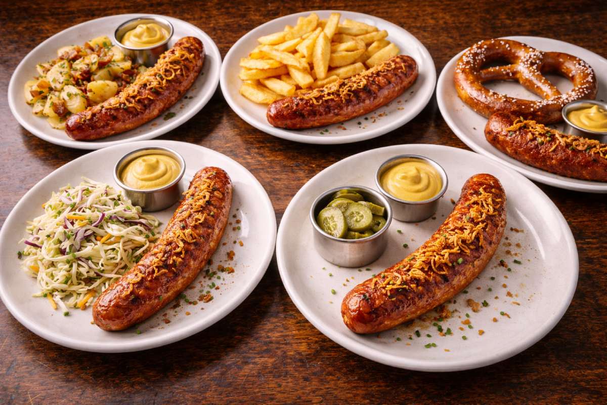 Pub table with five portions of chilli beef frankfurters on plates, served with Bratkartoffeln, chips, pretzel, mild cabbage slaw and a pot of gherkins.