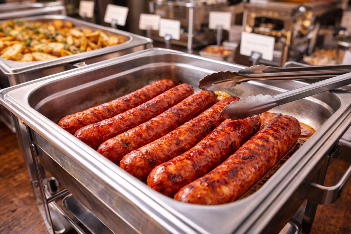Chilli beef frankfurters held in a catering chafing dish on a buffet line, ready for service.