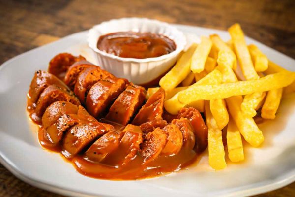 German currywurst with fries and currywurst sauce — sliced bratwurst covered in rich curry ketchup served with golden chips, the authentic German street food classic