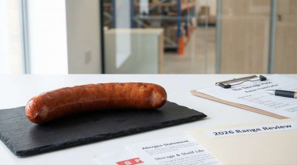 Buyer desk range review with Sausage Haus Bacon Frankfurter on a slate board next to product specification, allergen statement, and storage guidance documents.