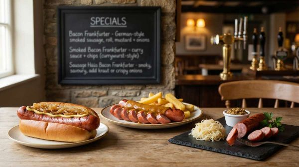 hree Sausage Haus Bacon Frankfurter dishes on a pub table with a chalkboard specials menu showing clear, staff-friendly Bacon Frankfurter descriptions.