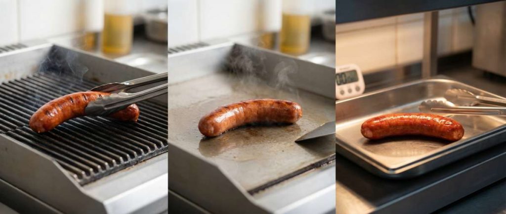 Sausage Haus Bacon Frankfurter shown across grill, flat-top and hot-hold - smoked Bacon Krakauer sausage performance for UK pub kitchens and catering.