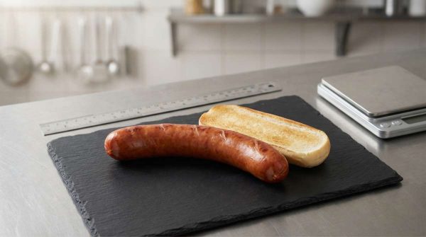 Sausage Haus Bacon Frankfurter on a slate board next to a bun and measuring ruler, showing portioning and bun-fit sizing for UK pub kitchens and catering.