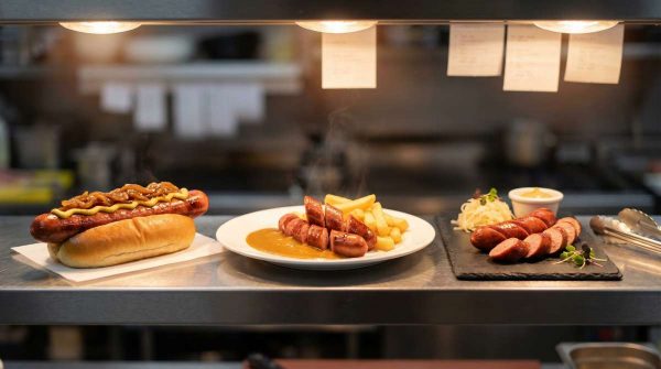 Three pub pass formats of the Sausage Haus Bacon Frankfurter: bun build with caramelised onions, currywurst-style slices, and platter with sauerkraut.