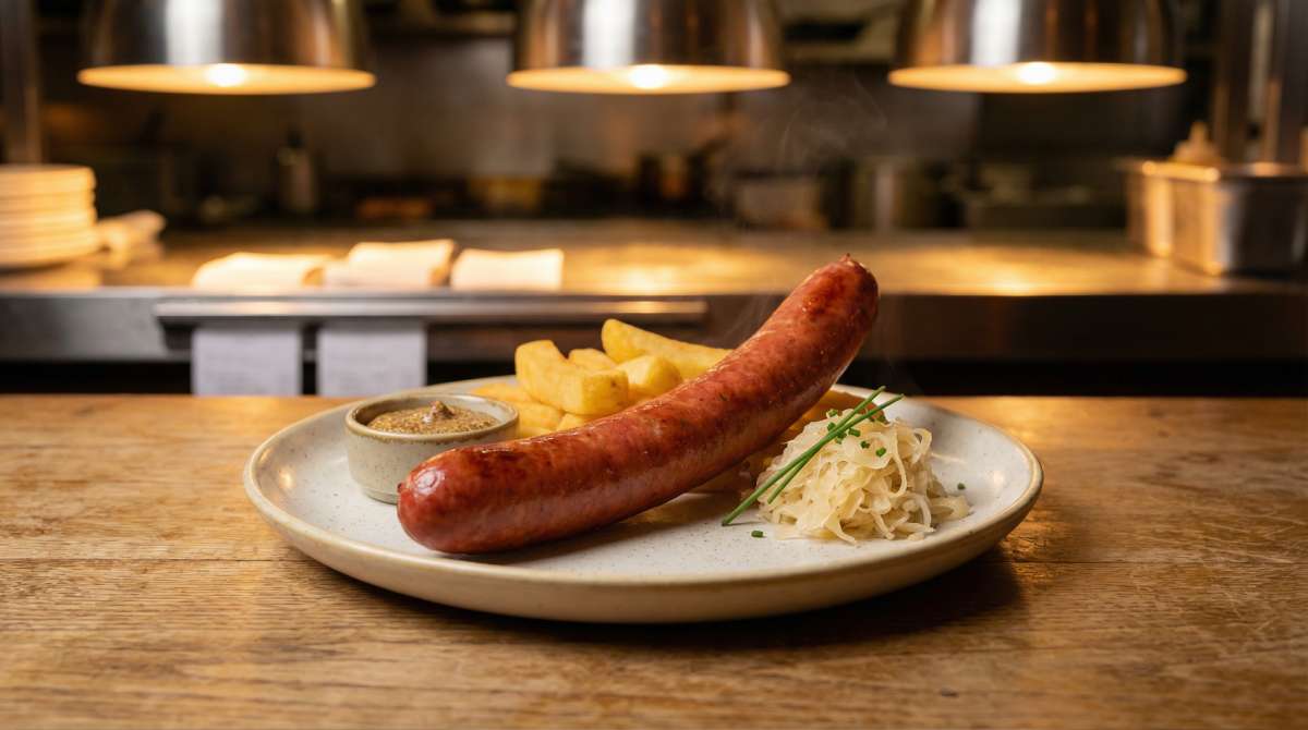 Sausage Haus Bacon Frankfurter plated under pub pass heat lamps - smoked Bacon Krakauer sausage for UK foodservice buyers in 2026.
