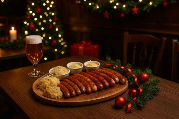 Festive German sausage platter for four served in a cosy pub with Christmas decorations, sauerkraut, mustard dips and a beer on the table